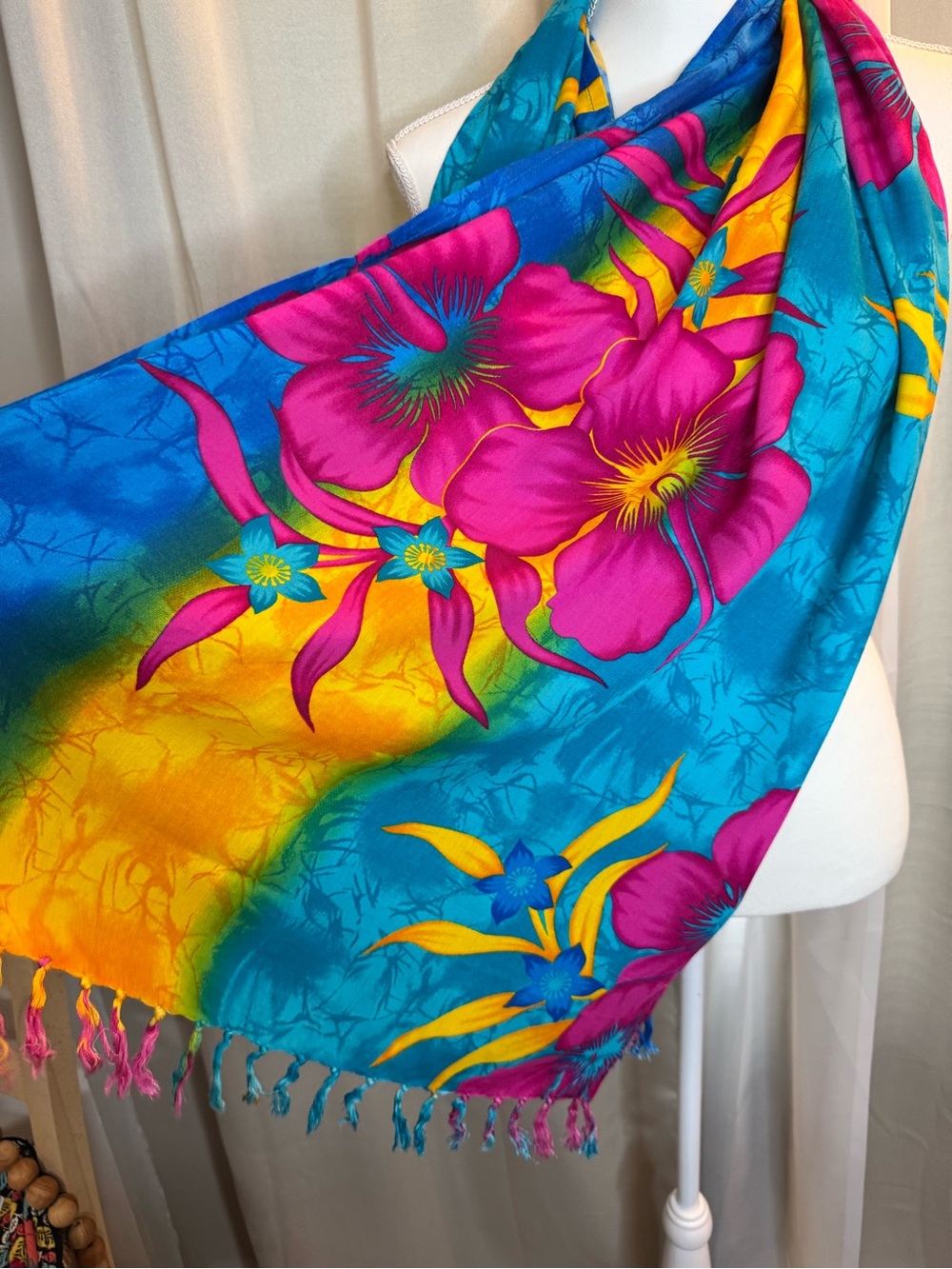 Vibrant Tropical Floral Tassel Scarf Wrap Cruise Wear Blue Pink Yellow 70x22 - Picture 7 of 10